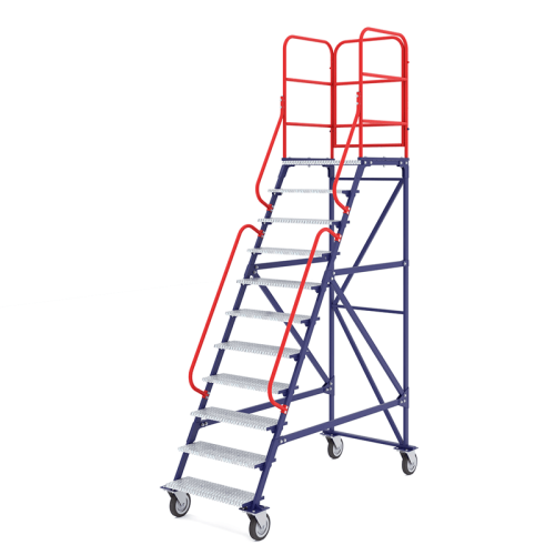 Лестница передвижная, десять ступеней и один марш ЛР 10.1 (791х1834х2945) 160 черная резина, тормоз, поворот